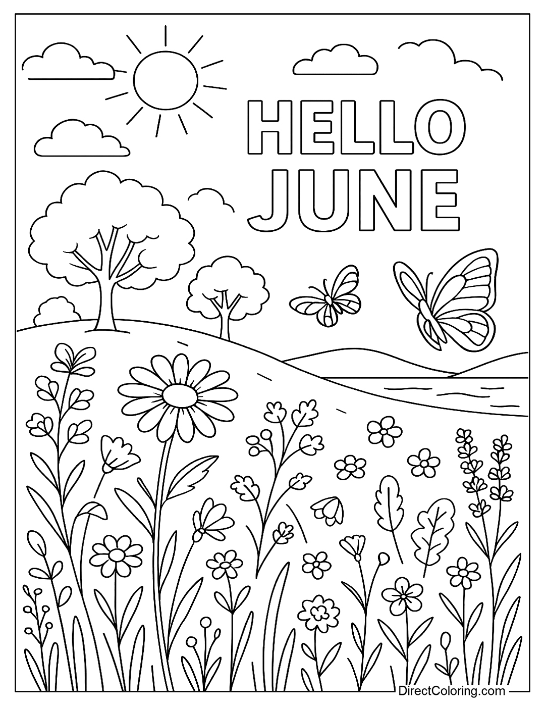 a June field coloring page with wildflowers, butterflies, and trees in the sun